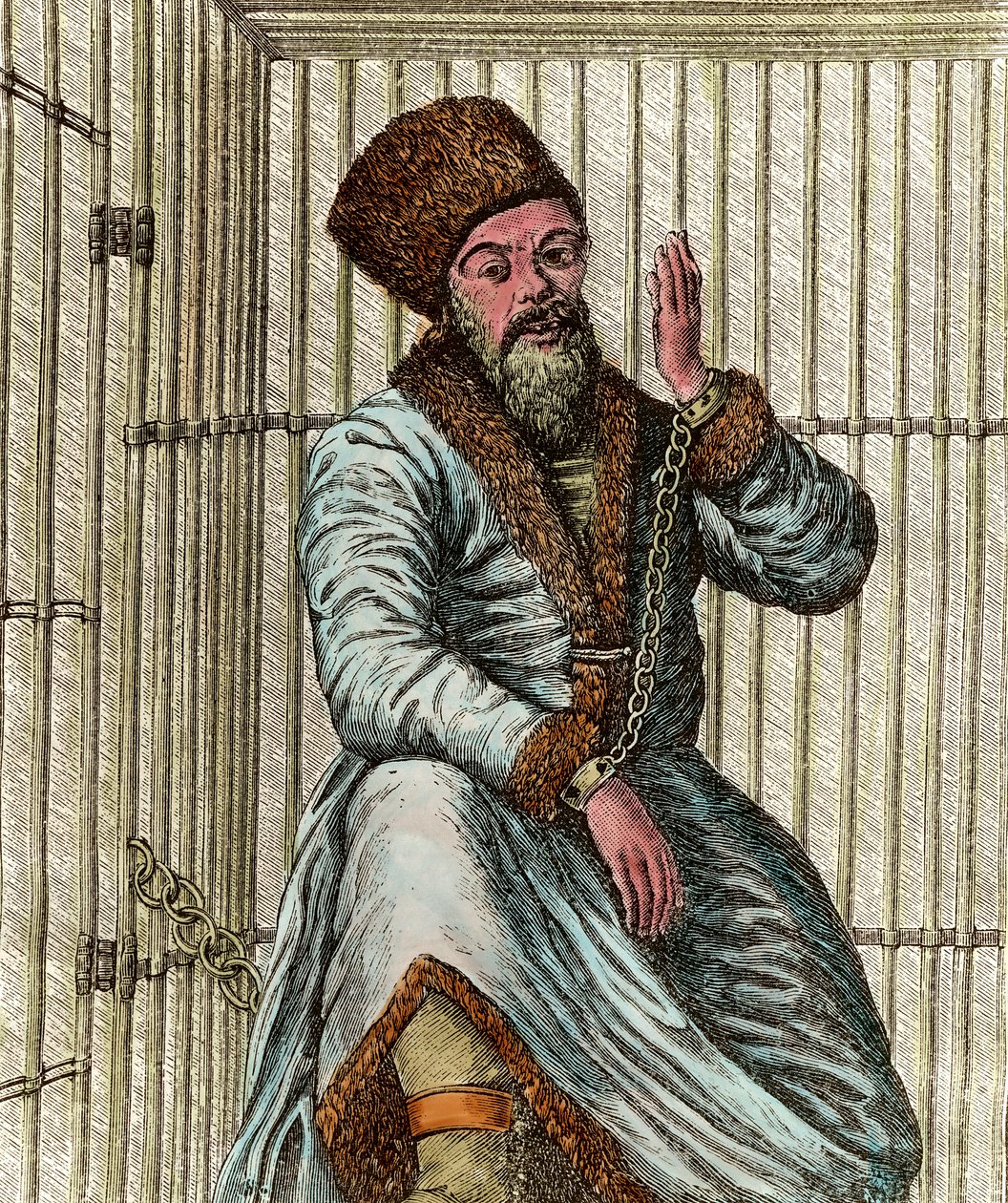 Portræt af Emelian Ivanovich Pugachev (Yemelian eller Emilian Pugachev) (1742-1775), kosakleder under den russiske bondekrig 1773-1775 (Jacquerie af Yaik-kosakkerne), fængslet i sit bur og viser folket af Unknown artist