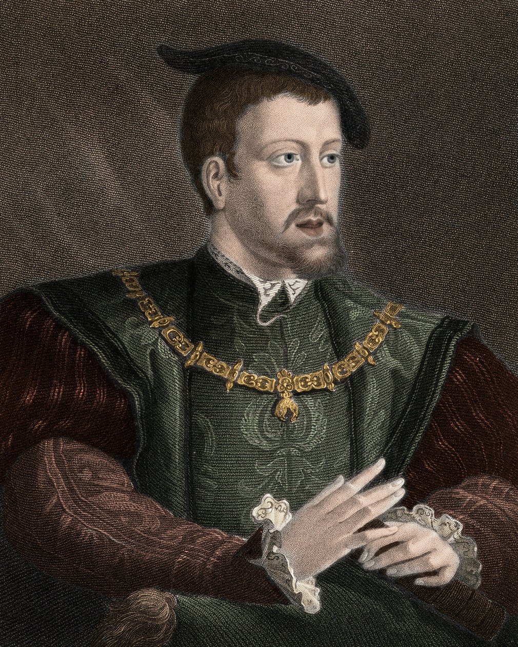Portræt af kejser Karl V (1500-1558) med halskæde af Guldskindsordenen - Karl V (1500-1558) iført kæden af Det Gyldne Skindorden om halsen - gravering - 1800-tallet af Unknown artist