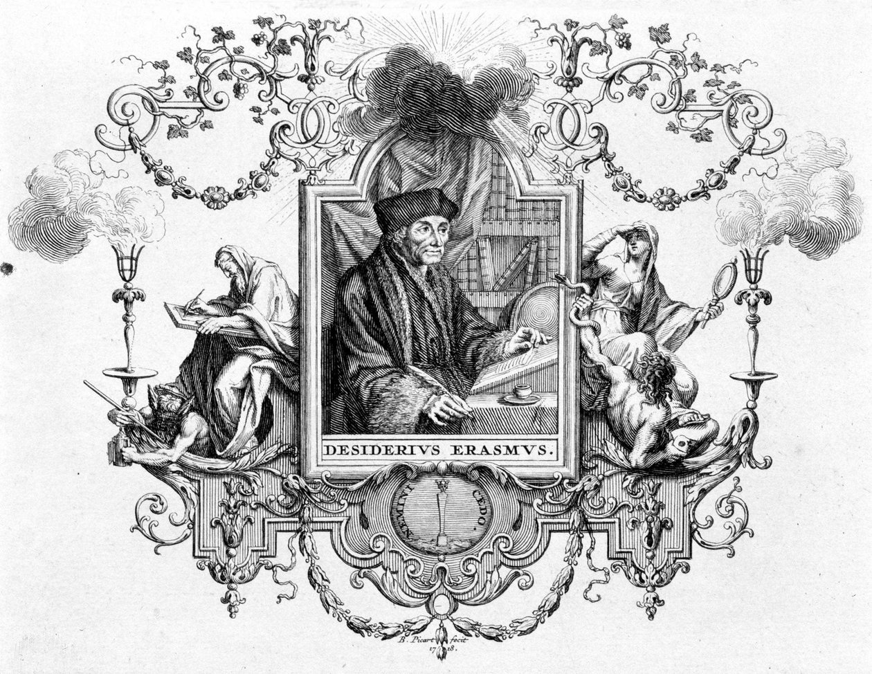 Portræt af Erasmus med hans skrift - stik af Unknown artist