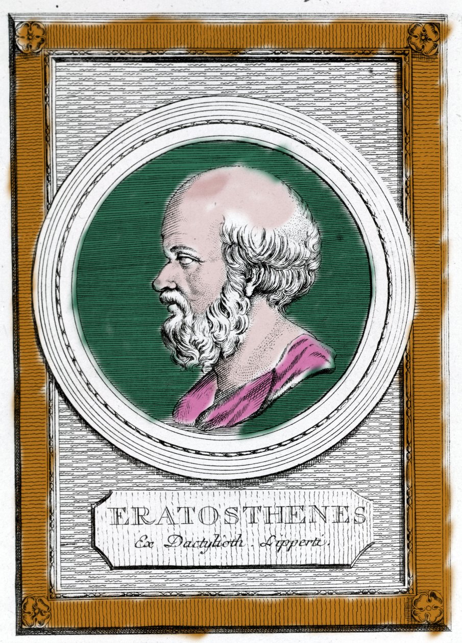 Portræt af Eratosthene af Cyrene (ca. 284 f.Kr. - 194 f.Kr.), græsk videnskabsmand, geograf og digter. Han var direktør for Alexandria-biblioteket og beregnede målingen af den jordiske meridian. Portræt af bagefter: "Galleria degli antichi greci e romani" af Unknown artist
