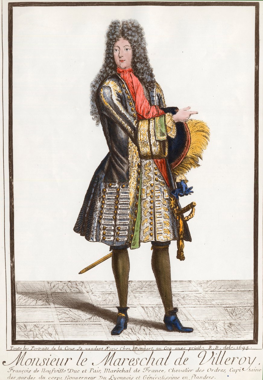 Portræt af Francois de Neufville, hertug af Villeroy (1644 - 1730), marechal af Frankrig. Indgravering af det 18. århundrede. Privat samling. af Unknown artist