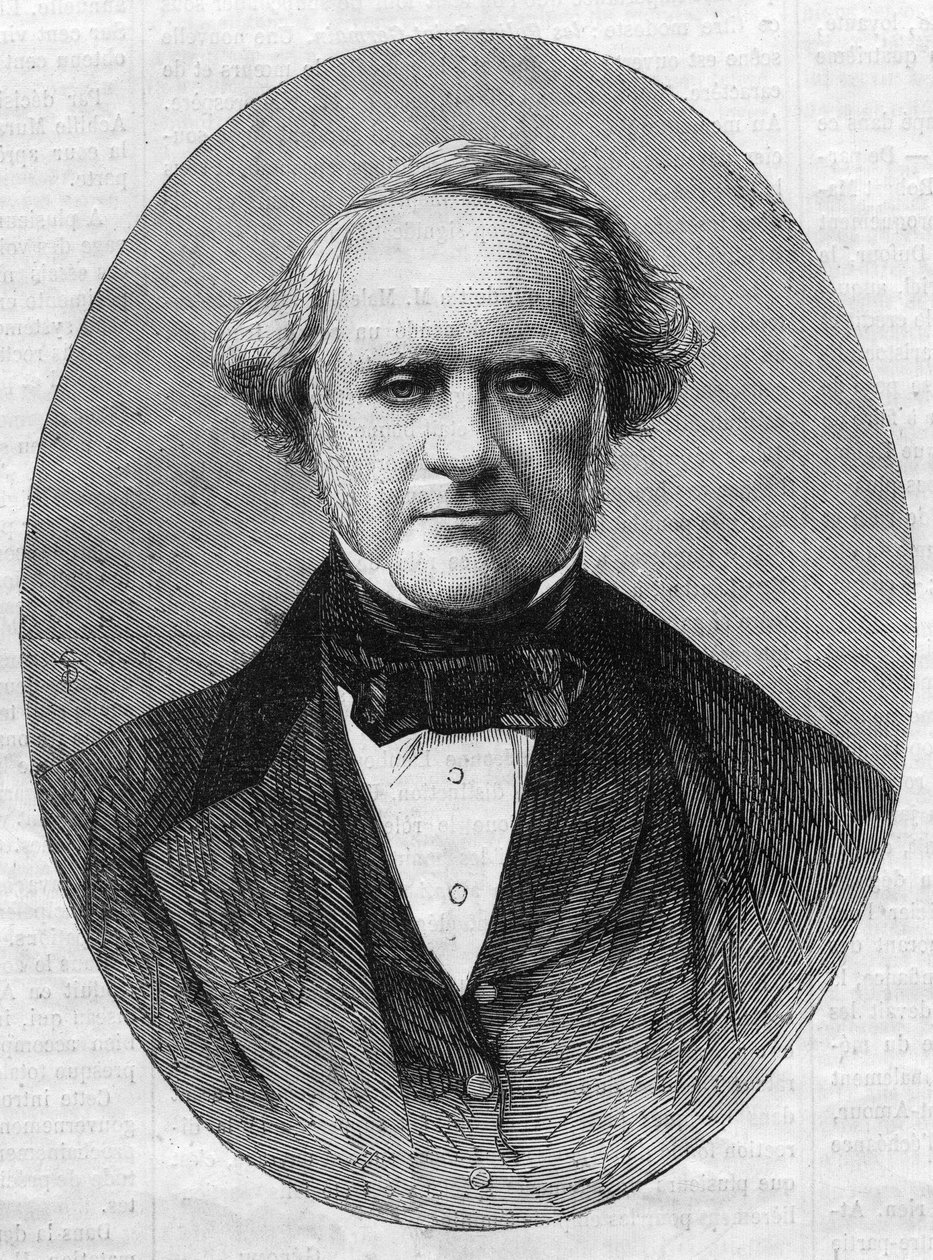 Portræt af George Peabody (1795-1869) iværksætter og filantrop grundlægger af Peabody Institute Conservatory ved Johns Hopkins University i Maryland, USA. Indgravering i ""Det illustere univers"" af Unknown artist