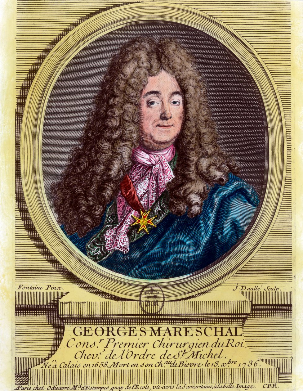 Portræt af Georges Marechal (1658 - 1736), kongens første kirurg fra 1703 - 1719. Stik af det 18. århundrede. Privat samling. af Unknown artist