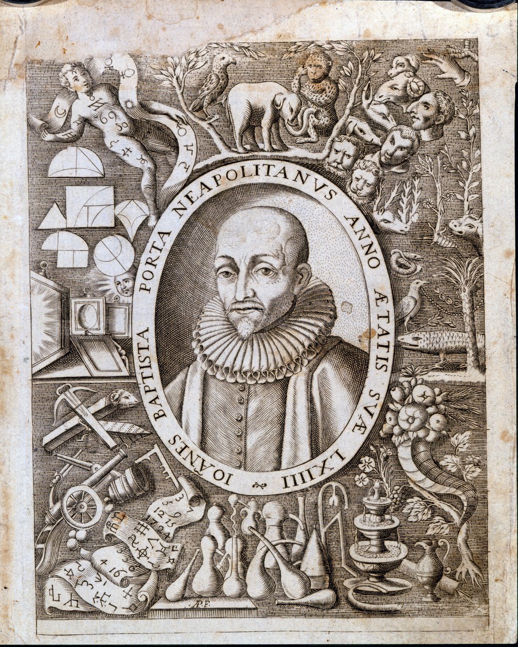 Portræt af Giambattista (Johannes Døberen, Johannes Døberen) della Porta (1535 - 1615) på forsiden af "Magiae Naturalis". 17. århundrede. af Unknown artist