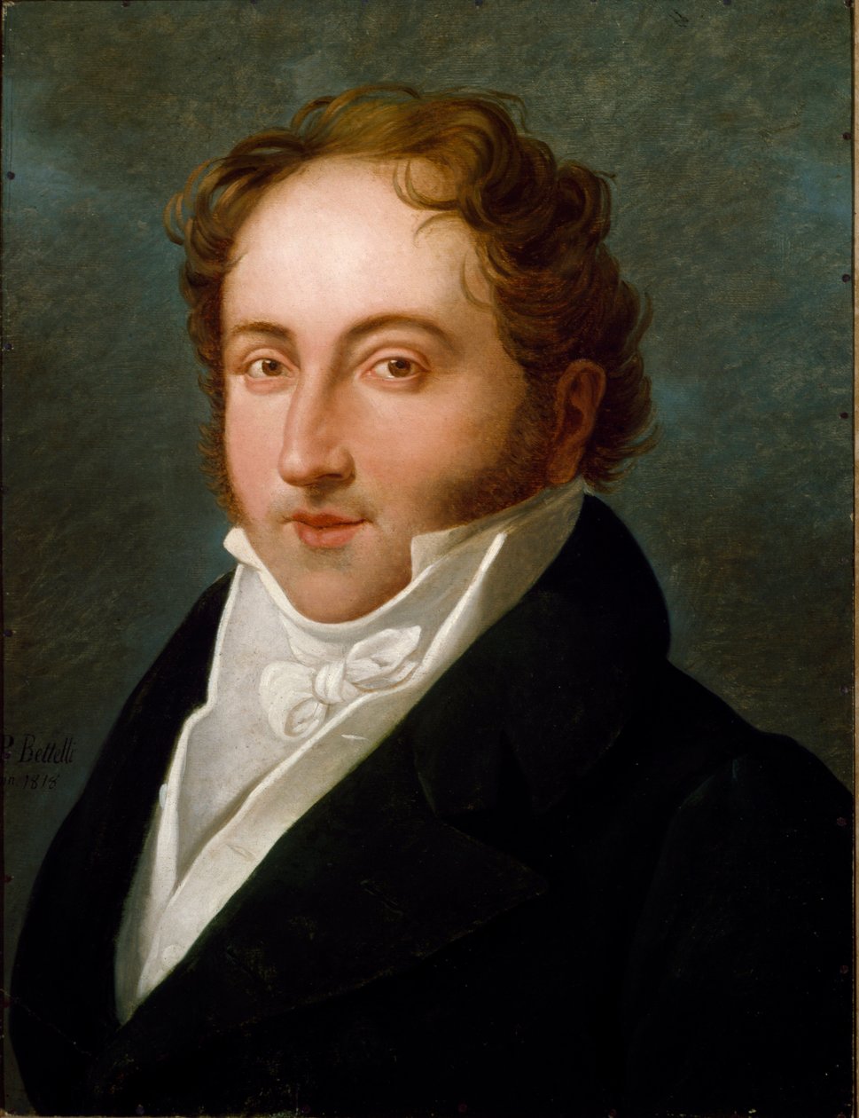 Portræt af Gioachino (Gioacchino) Rossini (1792-1868), italiensk komponist Anonym maleri. 1818 Bologna, Civic Musical Bibliographic Museum - Portræt af Gioacchino Rossini (1792-1868), italiensk komponist. Anonymt maleri 1818. Civico Museo Bibliografi af Unknown artist