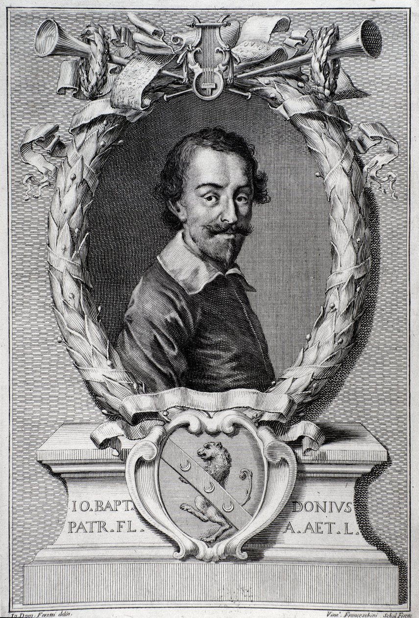Portræt af Giovanni Battista Doni (1596-1647) italiensk musikolog Gravering fra frontispice af "Lyra Barberin"" af Unknown artist