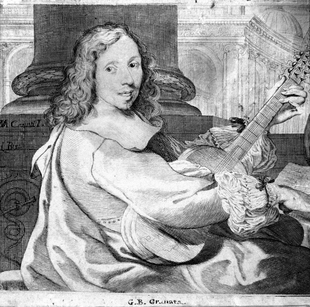 Portræt af Giovanni Battista Granata (1620 / 21-1687) italiensk guitarist og komponist Gravering. Bologna, borgermusikmuseum af Unknown artist
