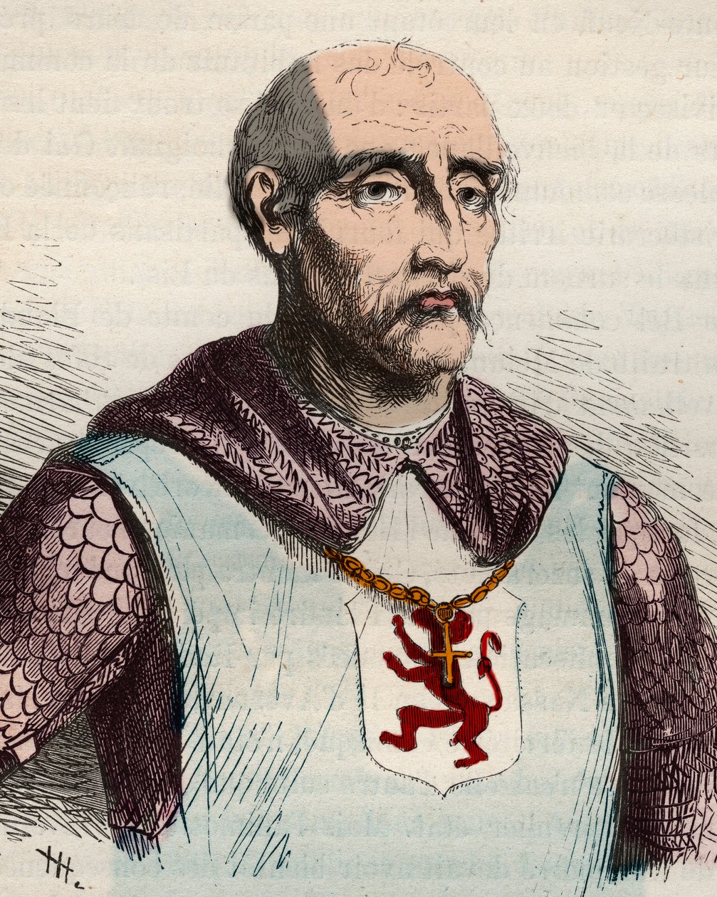 Portræt af Gui eller Guy de Dampierre (1226-1305) Greve af Flandern og greve af Namur - Indgravering fra 1868 i "Belgiens historie fra primitiv tid til slutningen af Leopold I