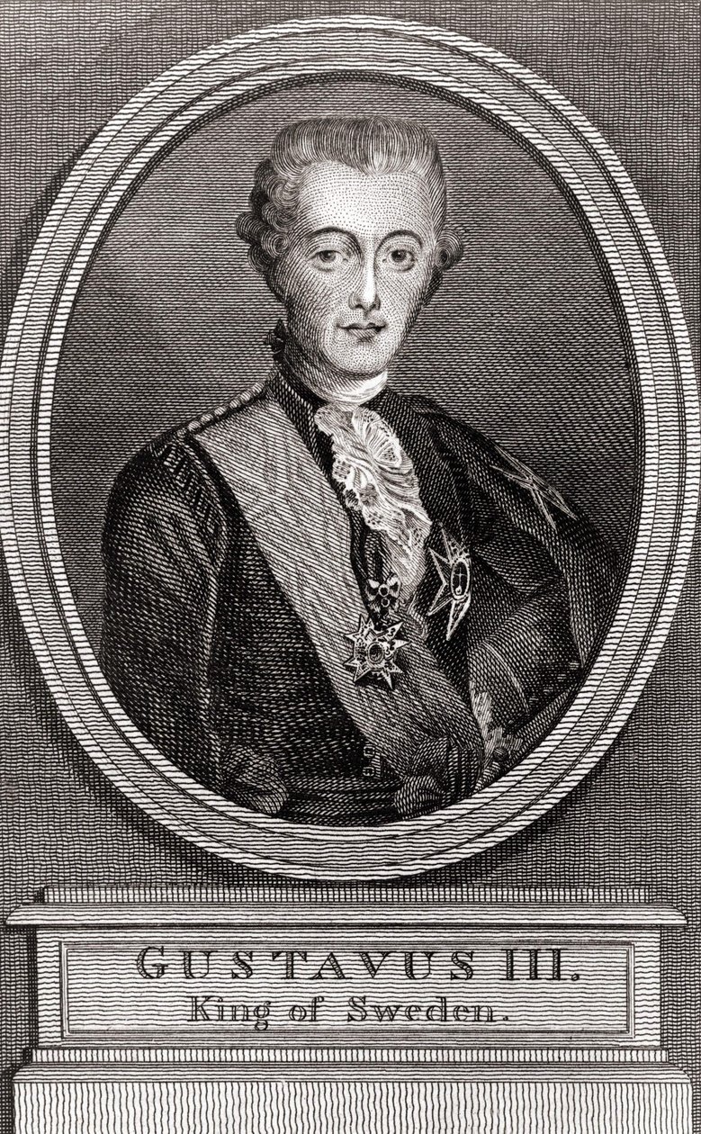 Portræt af Gustave III (1746-1792), konge af Sverige fra 1771 til 1792, indgravering af 1787 "" Collection to the Soldiers of Yesteryear"" af Unknown artist