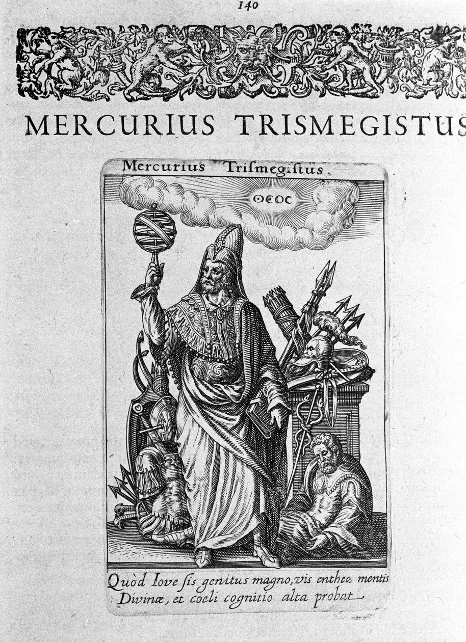 Portræt af Hermes Trimigiste (Trismegiste) (Trismegistus), astrolog, ideelt portræt fra en afhandling af Jacques Boissard ""De divinatione et Magicis"" 1605. af Unknown artist