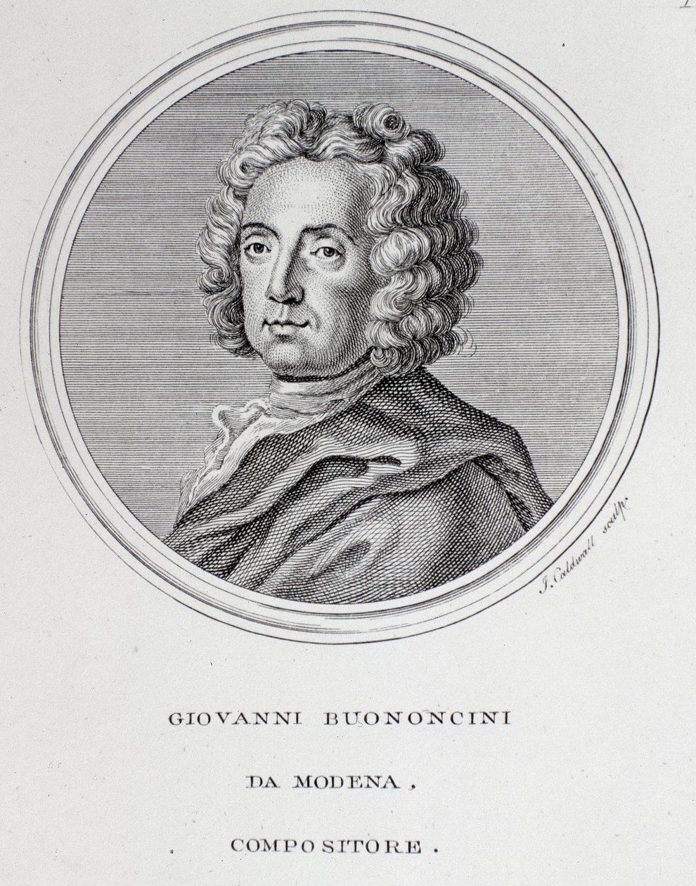 Portræt af den italienske barokkomponist og cellist Giovanni Battista Bononcini (1670-1747) Indgravering. 1700-tallet. Bologna, borgerligt bibliografisk museum af Unknown artist