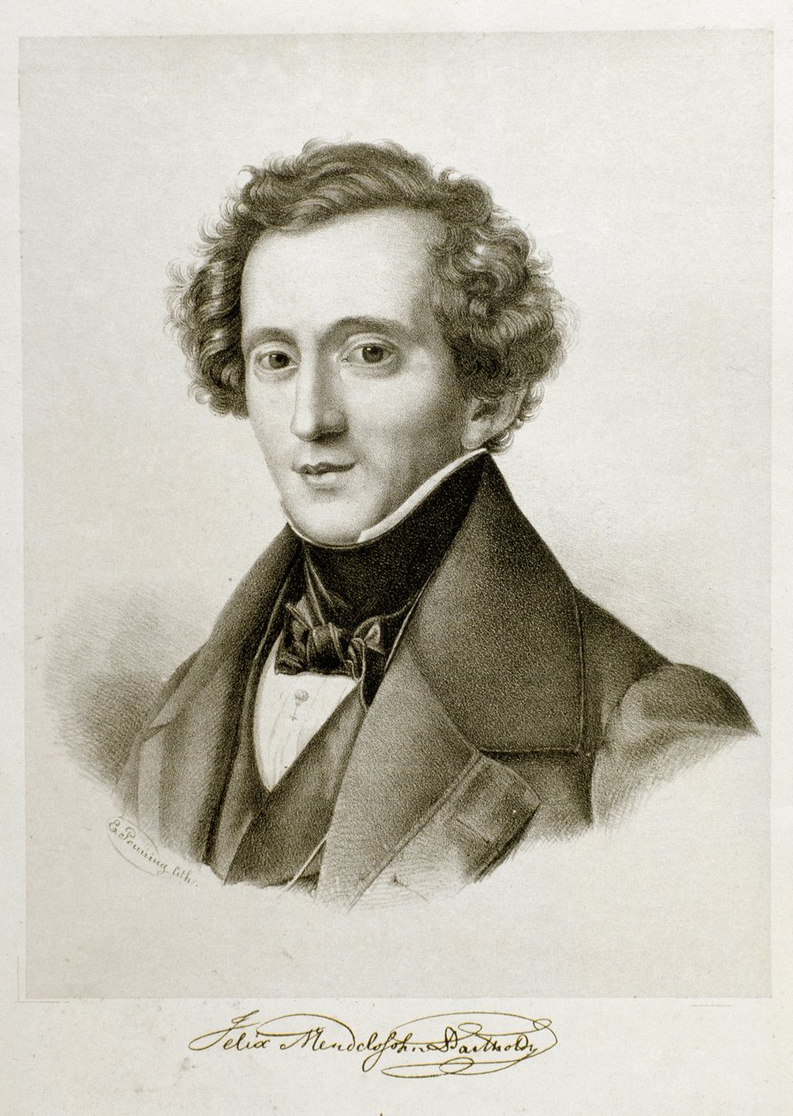 Portræt af Jakob Ludwig Felix Mendelssohn Bartholdy (1809-1847), tysk dirigent og komponist. Litografi af det 19. århundrede Civico Museo Bibliografico Musicale, Bologna ©Luisa Ricciarini/Leemage af Unknown artist