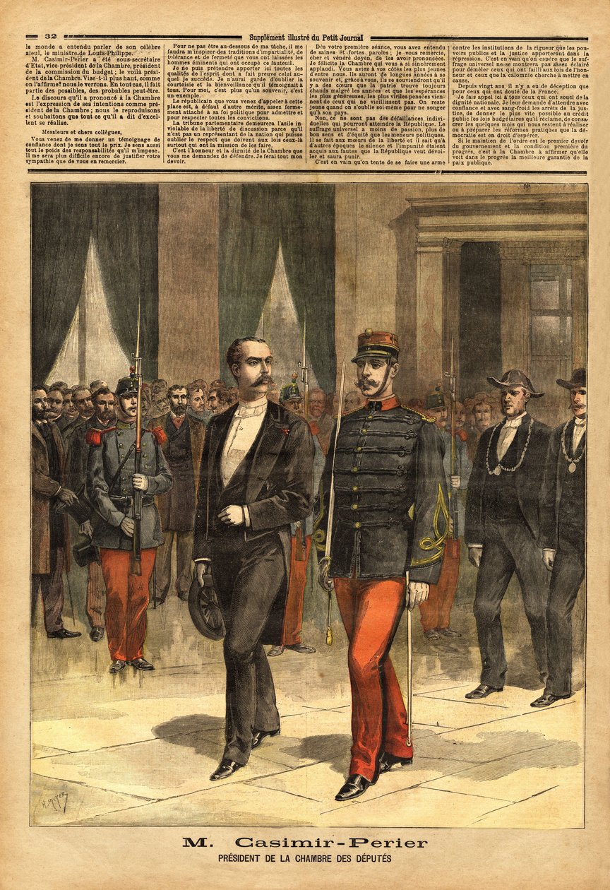 Portræt af Jean Casimir-Perrier (Casimir Perrier, Casimir Perrier, Casimir-Perrier) (1847-1907), ny formand for Deputeretkammeret. Indgravering i "" Le petit journal"" 28/01/1893. Selvas samling. af Unknown artist