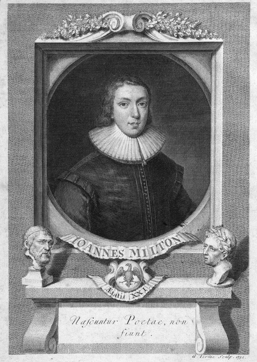 Portræt af John Milton, engelsk digter og essayist (1608 - 1674) gravering fra det 18. århundrede af Unknown artist