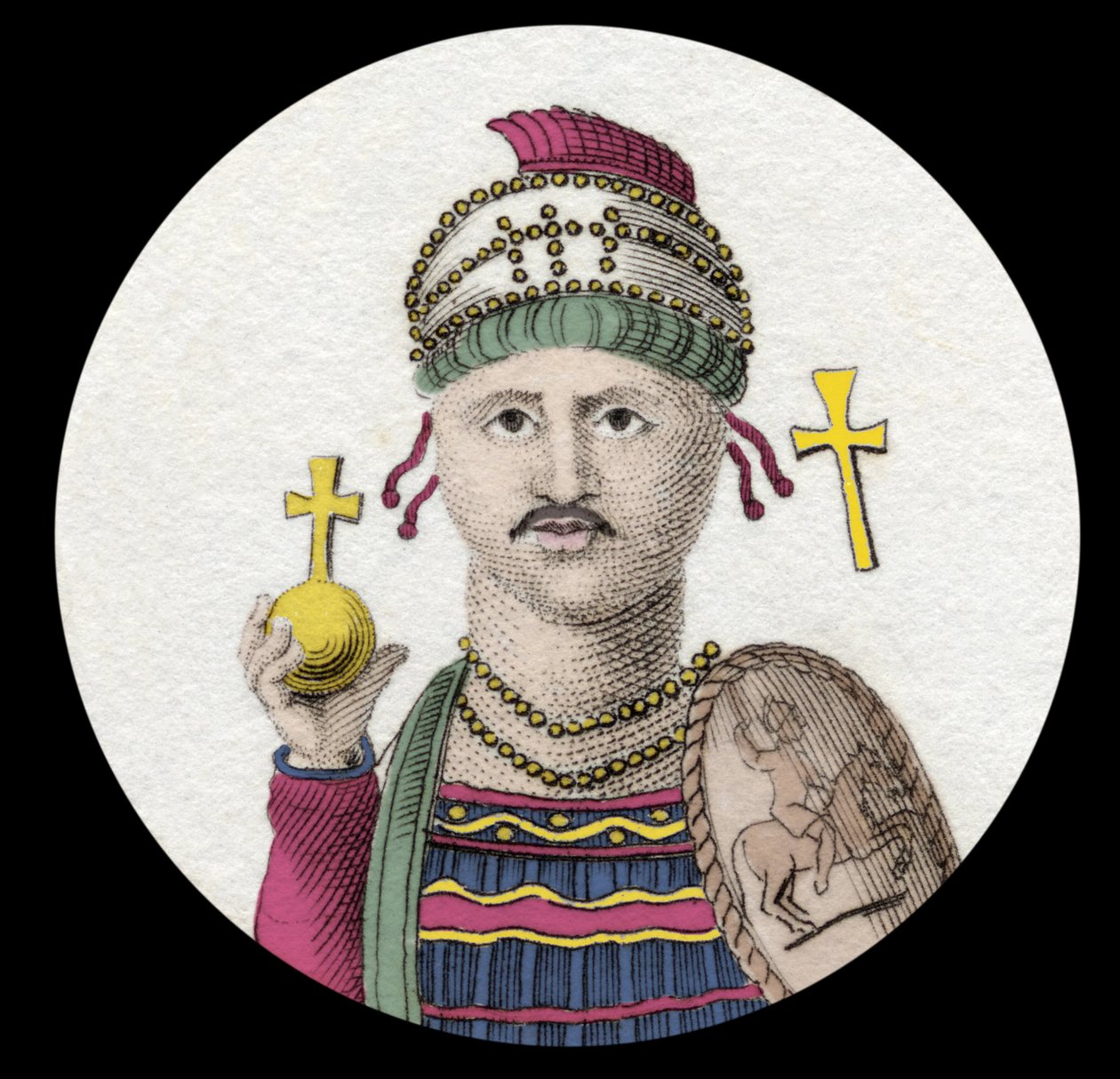 Portræt af Justinian I (Den Store) (Flavius Petrus Sabbatius Justinianus) (482-565). romersk kejser af Orienten. Indgravering af det 19. århundrede. af Unknown artist