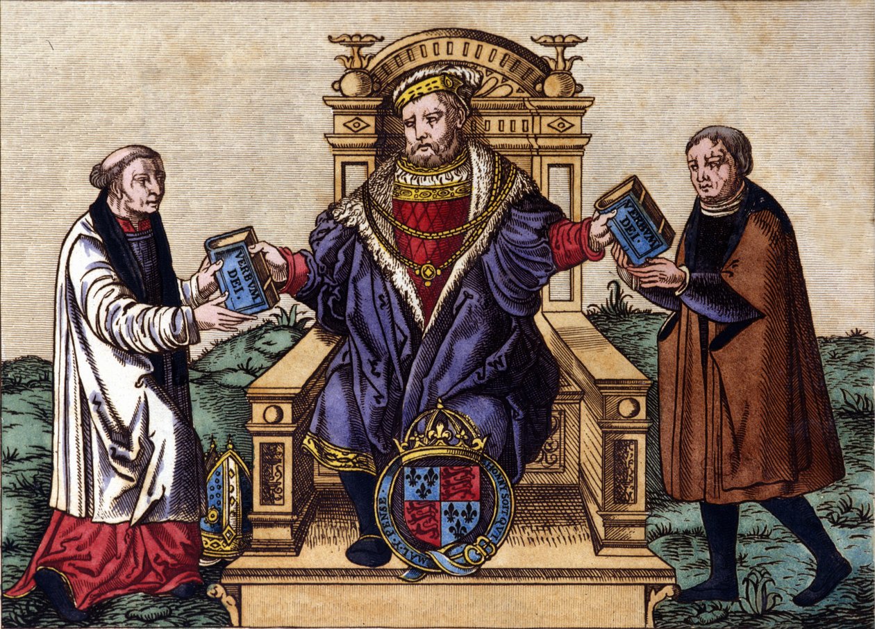 Portræt af kong Henrik VIII af England (1491 - 1547) på sin trone, der udsender Bibelen til to hofmænd. Farvegravering. af Unknown artist