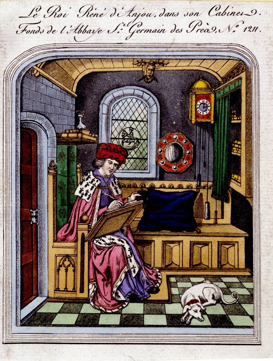 Portræt af kong Rene af Anjou (1409-1480)”” kalder også Rene I af Napoli eller Rene af Sicilien, i sit kabinet - gravering efter en miniature af Unknown artist
