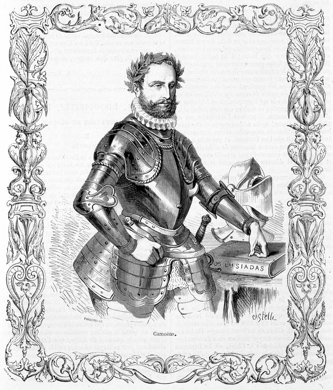 Portræt af Luis de Camoens i rustning - gravering af Unknown artist