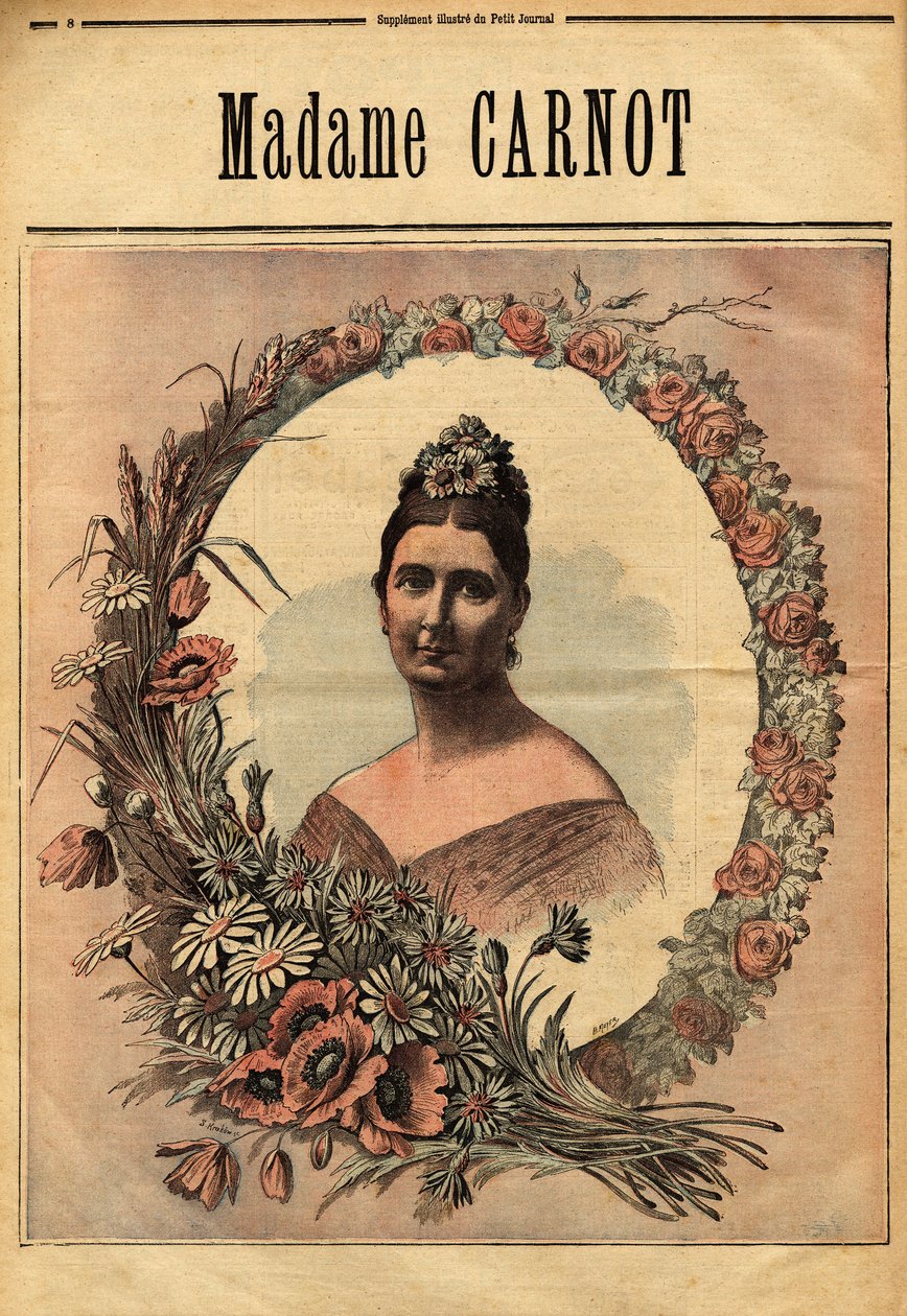 Portræt af Madame Cecile Dupont-White (1841-1898), gift i 1863 med Sadi Carnot (1837-1894) præsident for den franske republik fra 1887 til 1994. Indgravering i "" Le petit journal illustrious"" 29/11/1890. Selvas samling. af Unknown artist