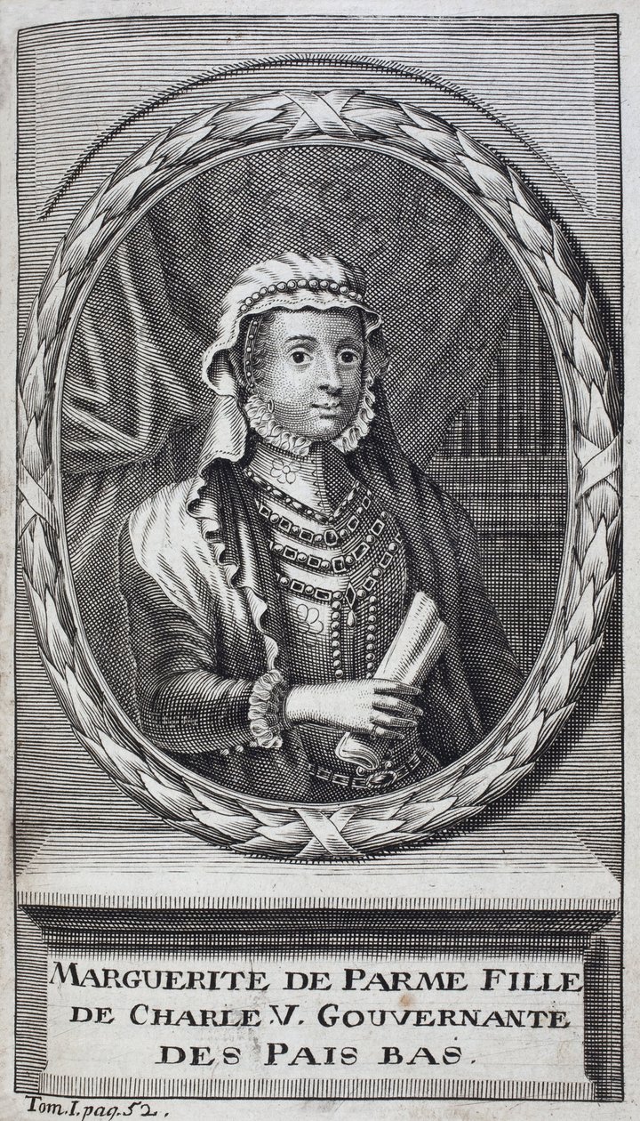 Portræt af Margarita af Parma (eller Margarita af Østrig) (1522-1586), hertuginde af Parma og Piacenza, naturlig datter af Karl V (1500-1558) og guvernante i Holland (Holland) fra 1559-1581. Gravering for at illustrere "Historien om krigen i Fla af Unknown artist