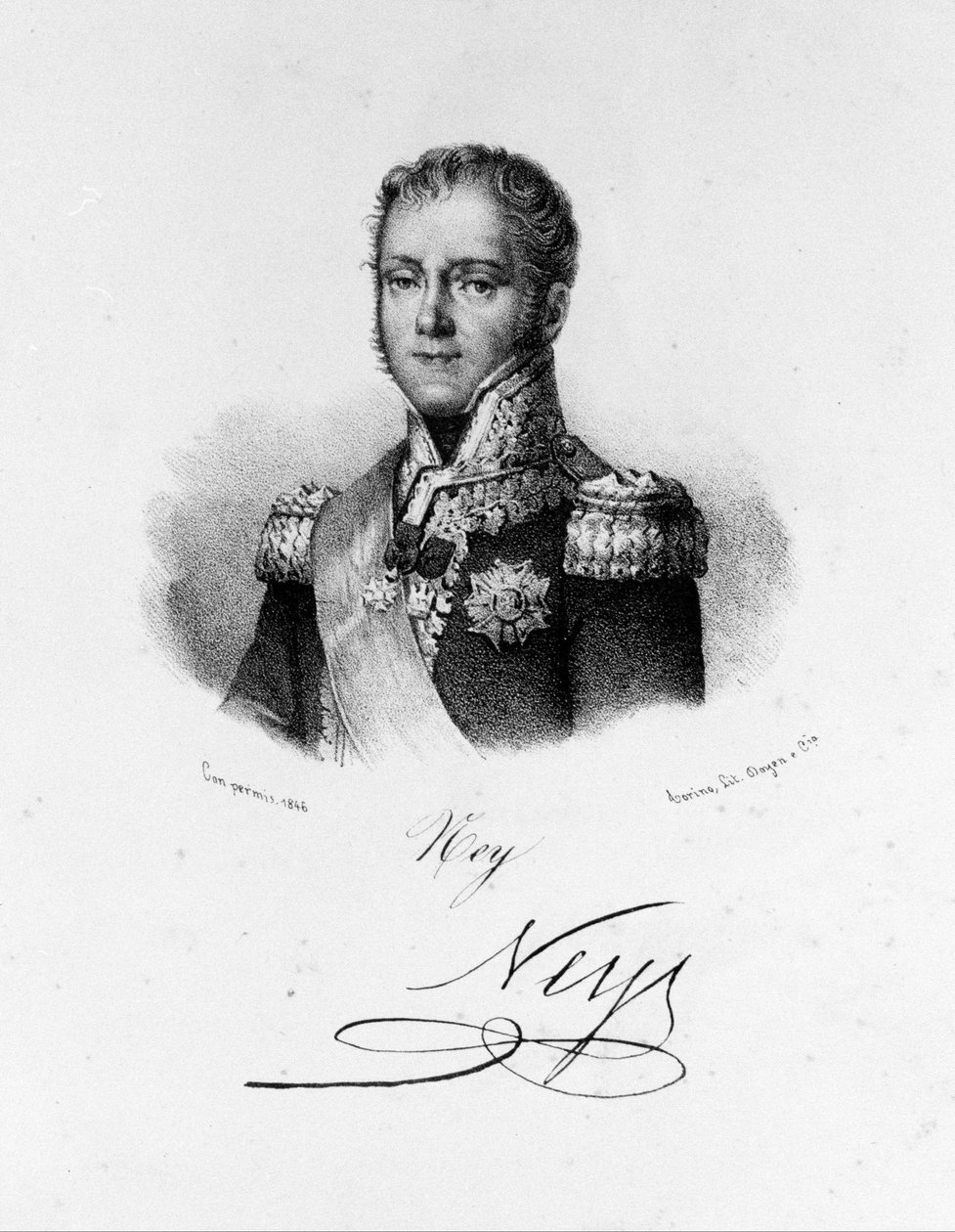 Portræt af Michel Ney, hertug af Elchingen, prins af Moskova (1769 - 1815), marskal af Frankrig. Indgravering af det 19. århundrede. af Unknown artist