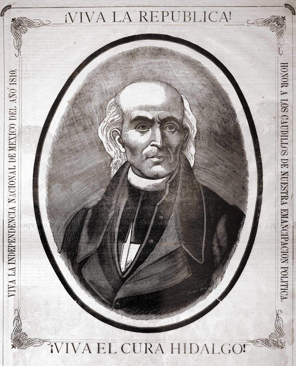 Portræt af Miguel Hidalgo y Costilla (1753 - 1811), mexicansk præst (i 1810 proklamerede han sit lands uafhængighed). Indgravering udført til hans ære i slutningen af det 19. århundrede. af Unknown artist