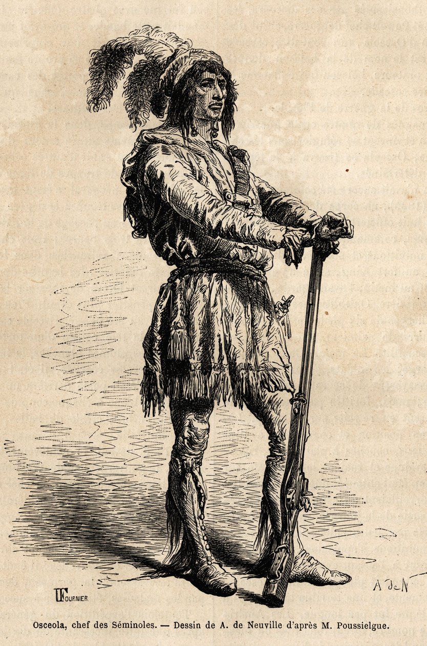 Portræt af Osceola (1804-1838), leder af seminoler, i spidsen for den indiske modstand mod USA under Florida-krigen (1835-1842). Gravering for at illustrere historien fire måneder i Florida, af Achille Pousselgue i 1851-1852, udgivet af Unknown artist