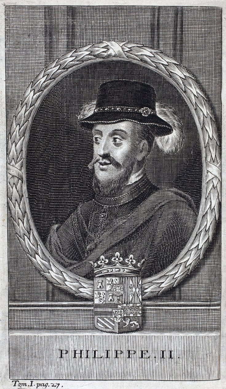 Portræt af Filip II af Spanien (Felipe) (1527-1598), konge af Spanien og Portugal. Gravering til illustration af "Historien om krigen i Flandern", af Flamianus Strada, udgave Joseph T