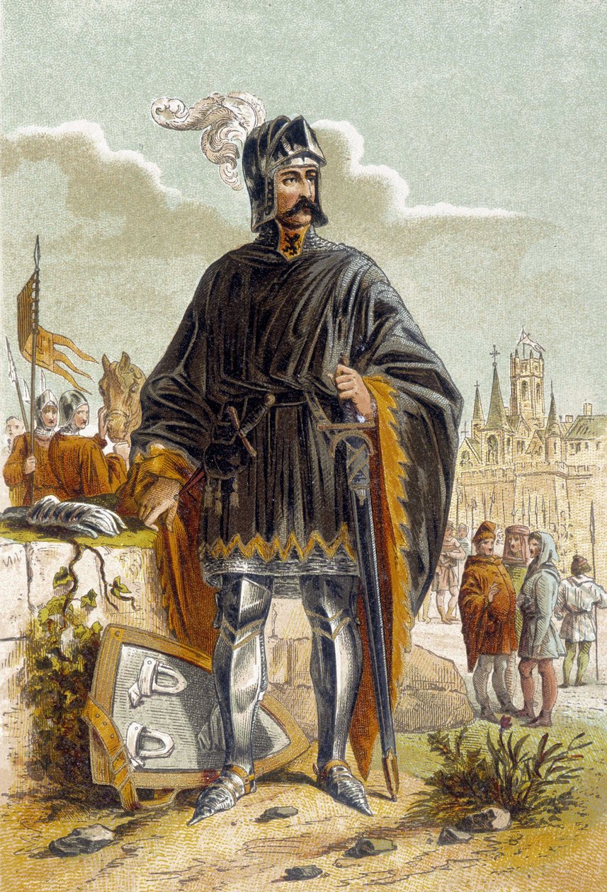 Portræt af Philip van Artevelde (1340-1382), flamsk politiker og leder af væverne i Gents oprør mod grev Ludvig II af Flandern kendt som Louis de Male eller Maele (1381). Han blev besejret og dræbt i slaget ved Rozebeke (1382). Chromo af Unknown artist
