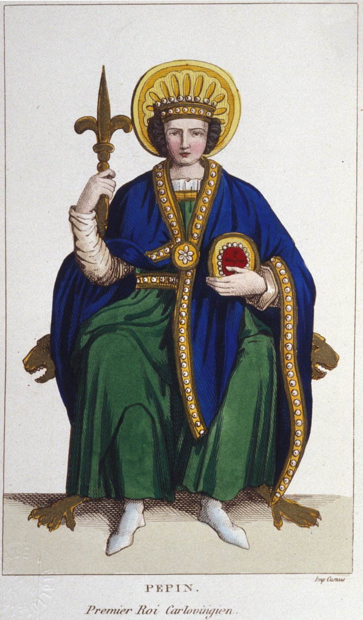 Portræt af Pépin le Brief (v. 714 - 768), konge af francerne, første karolinergravering fra 1830 af Unknown artist
