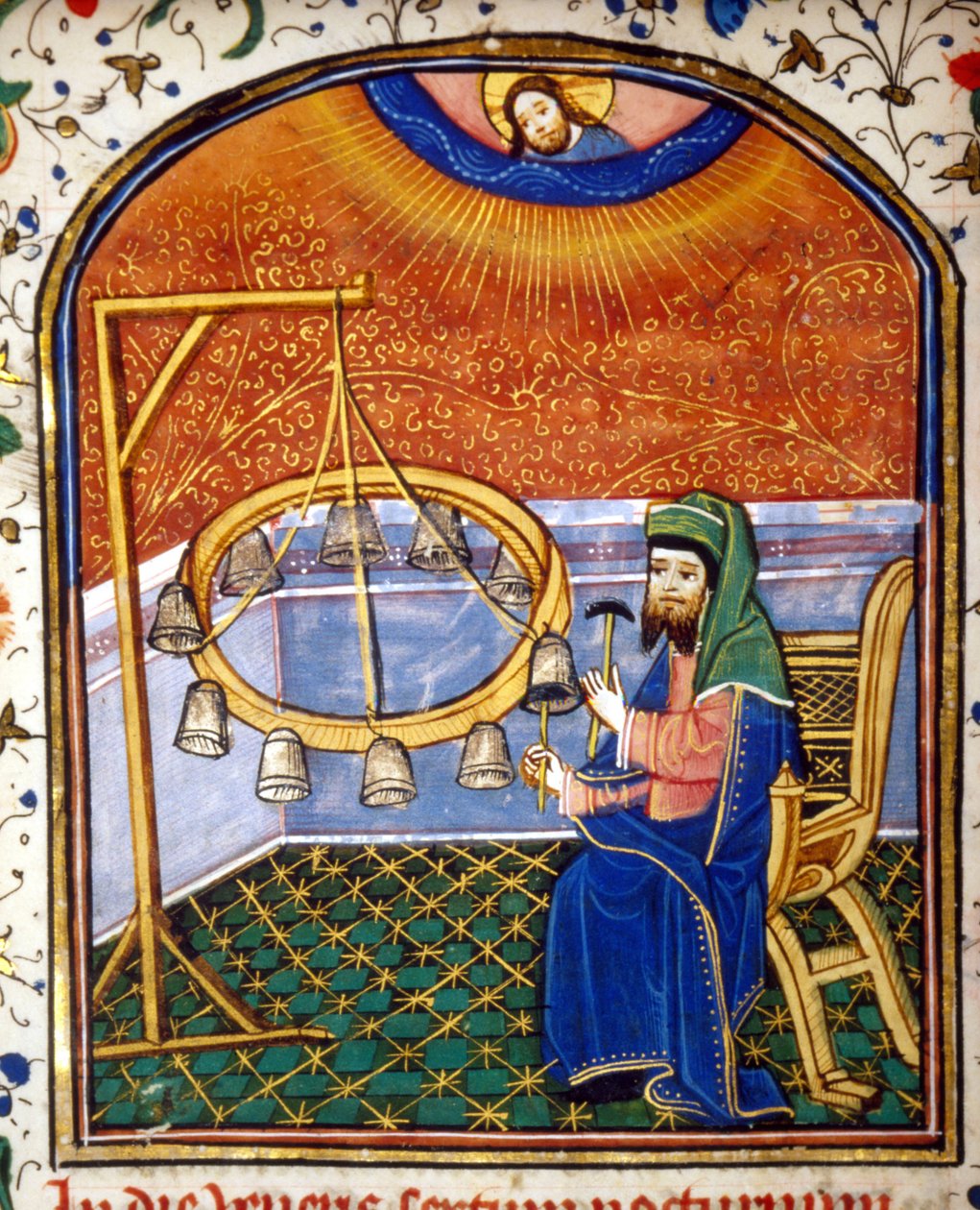 Portræt af Pythagoras (ca. 570 - omkring 480 f.Kr.), græsk matematiker og filosof, der spiller et slaginstrument (klokker), miniature fra det 15. århundrede. af Unknown artist