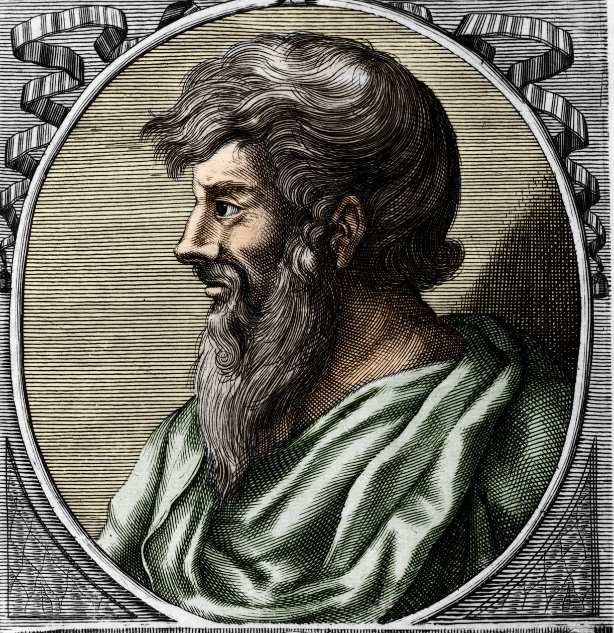Portræt af Pythagoras (ca. 570 - omkring 480 f.Kr.), græsk matematiker og filosof. Stik af det 18. århundrede af Unknown artist