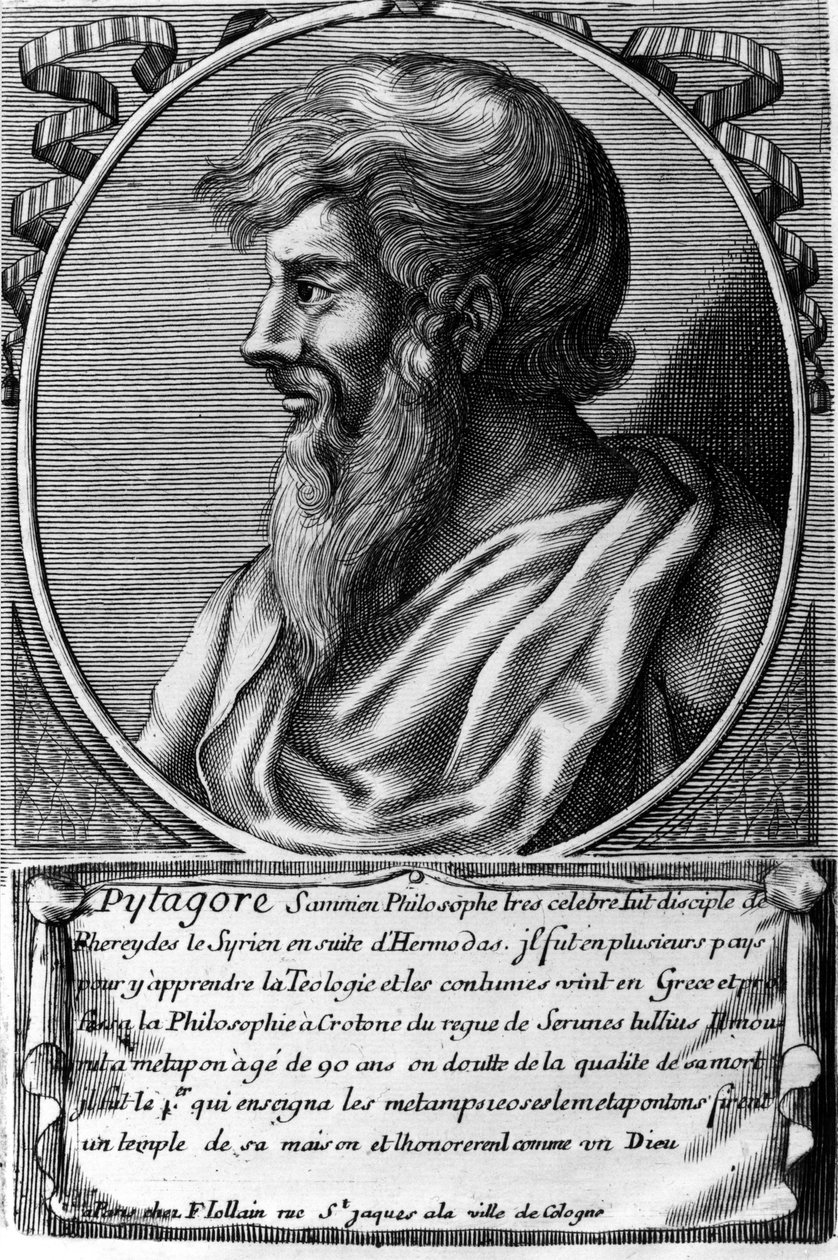 Portræt af Pythagoras (ca. 570 - omkring 480 f.Kr.), græsk matematiker og filosof. Indgravering af det 18. århundrede af Unknown artist