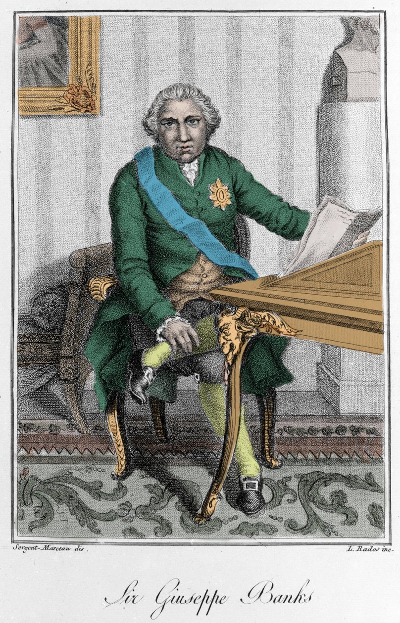Portræt af Sir Joseph Banks (1743-1820), engelsk opdagelsesrejsende og naturforsker. Farvegravering af Unknown artist