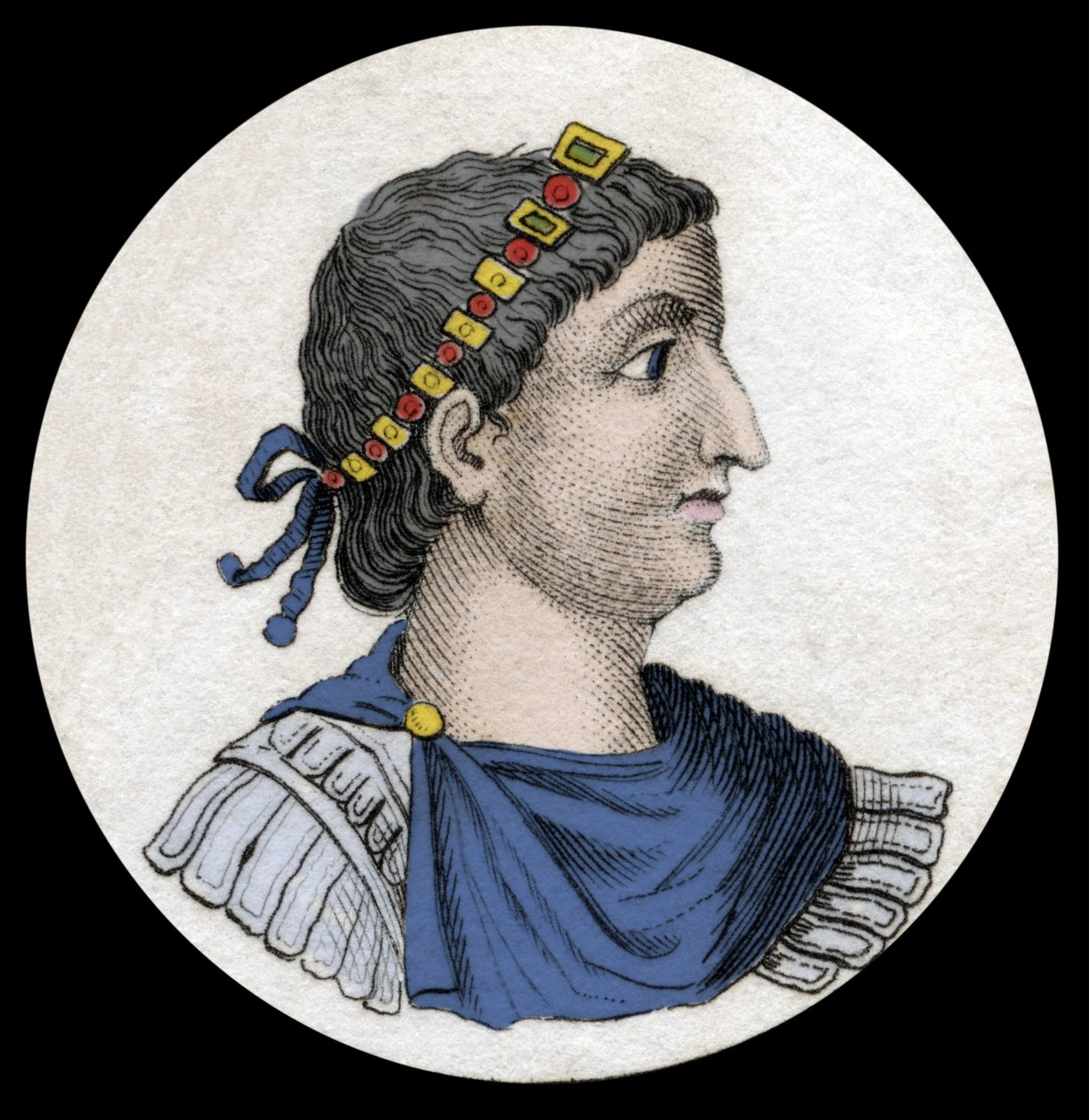 Portræt af Theodosius I (Flavius Theodosius) (347-395), romersk kejser, gravering af det 19. århundrede. af Unknown artist