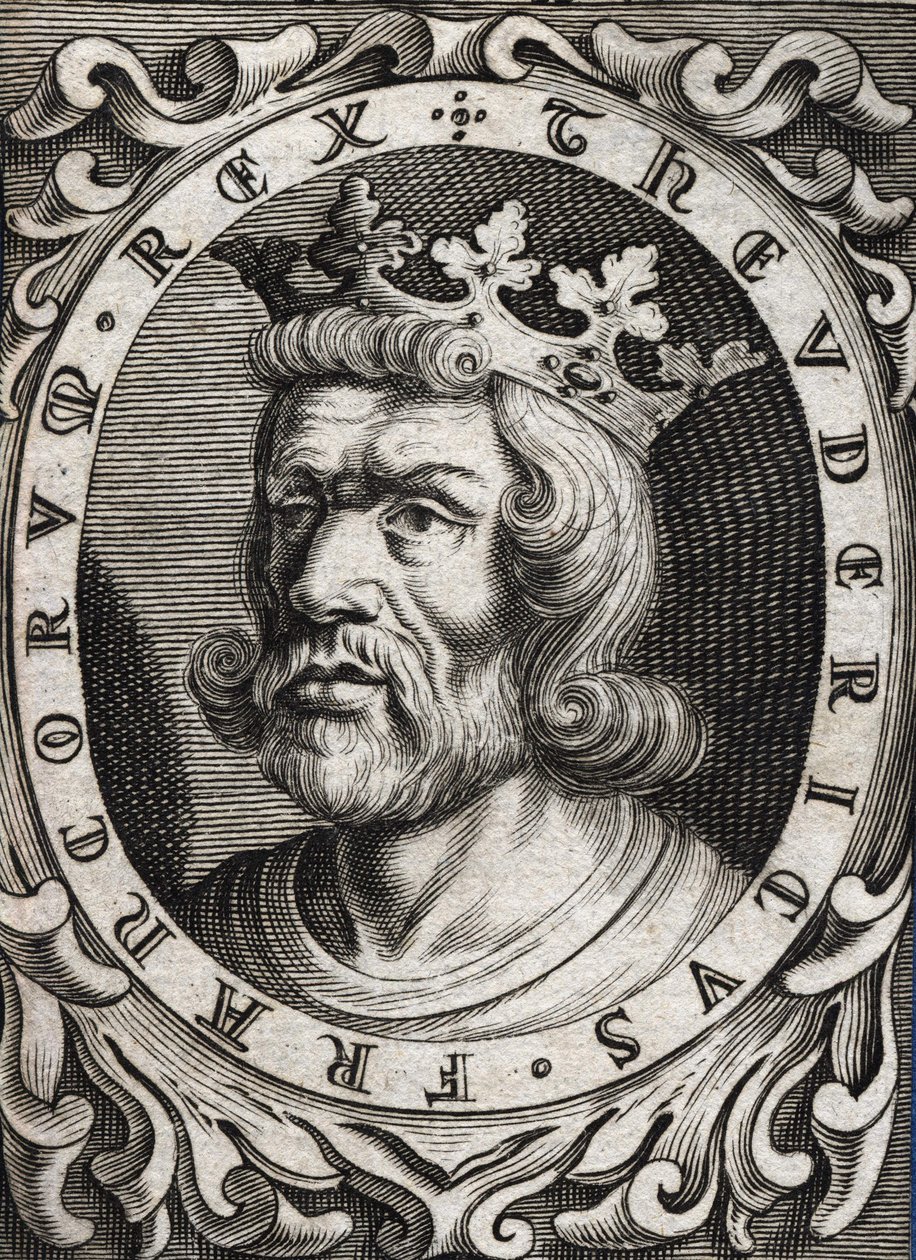 Portræt af Thierry I (? - 533), konge af Austrasia. 1700-tals stik. af Unknown artist