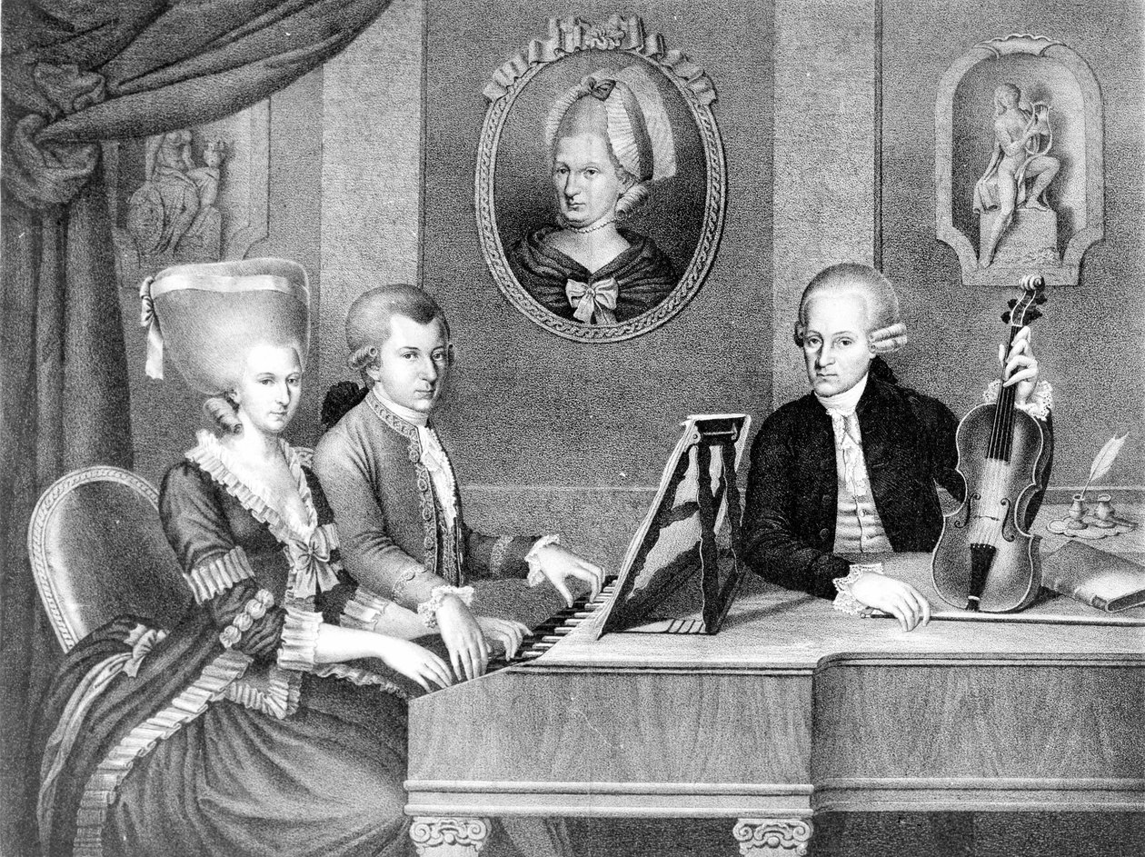 Portræt af Wolfang Amadeus Mozart (1756 - 1791) mellem sin far og mor. Litografi af det 19. århundrede. af Unknown artist