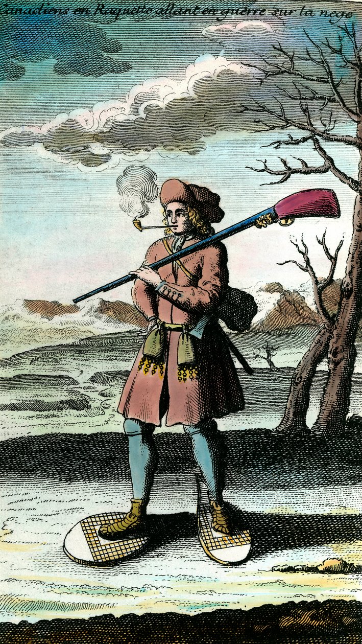 Portræt af en canadier i snesko på sneen, der går i krig. 1700-tals stik. Privat samling. af Unknown artist
