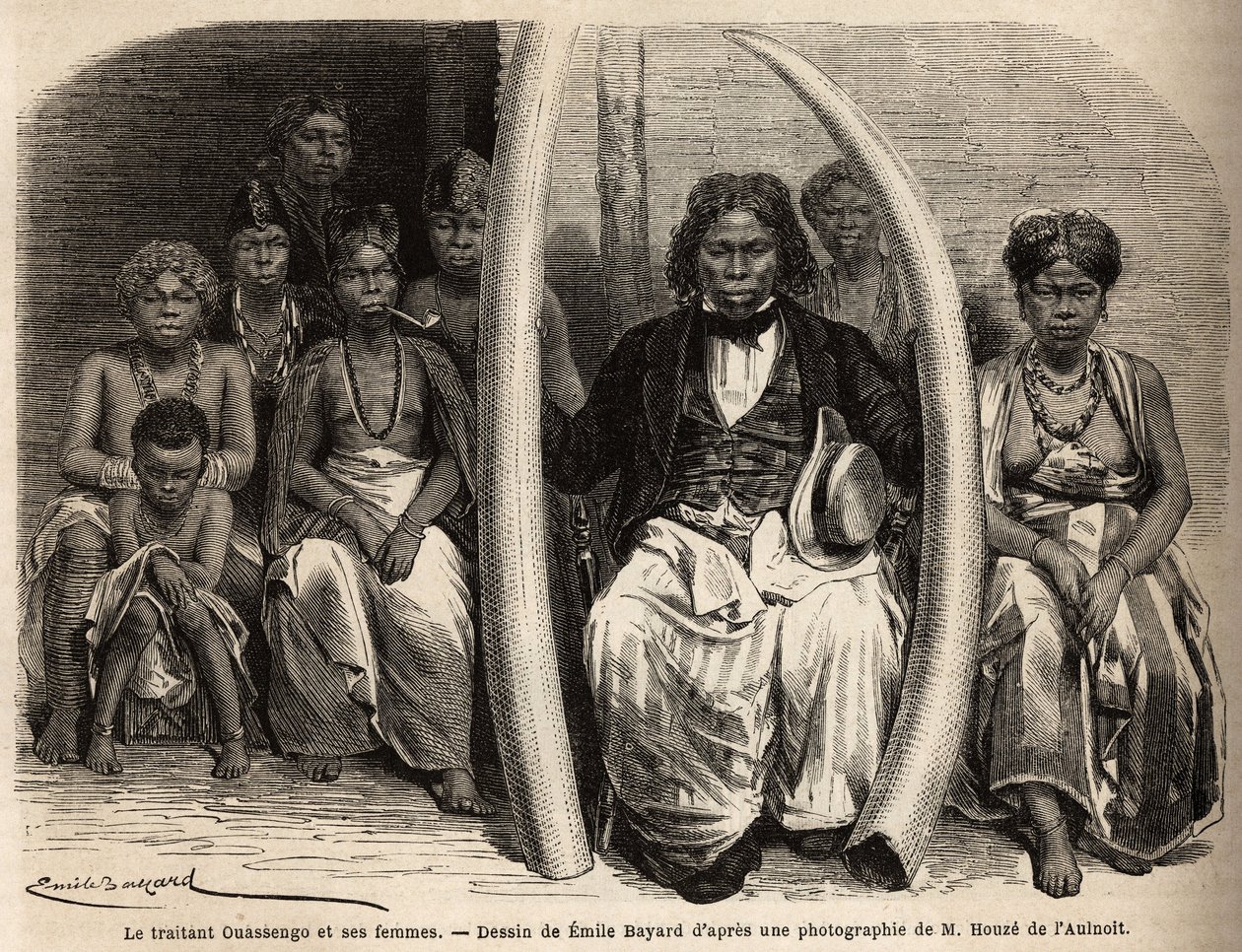 Portræt af en afrikansk elfenbensforhandler omgiver hans koner. Tegning af Emile Bayard (1837-1891), for at illustrere doktor Griffon du Bellays rejse til Gabon i 1861-64. Indgravering i "" Le tour du monde"", redigeret af Edouard Charton af Unknown artist