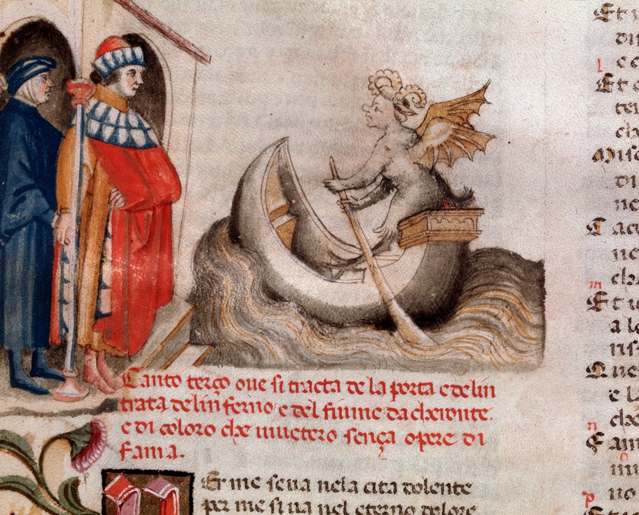 Portræt af den italienske digter Dante Alighieri ser på Charon sin båd, der krydser Acheron med sjælene (sang 3 fra Helvede, i den guddommelige komedie) - miniature 1400-tallet af Unknown artist