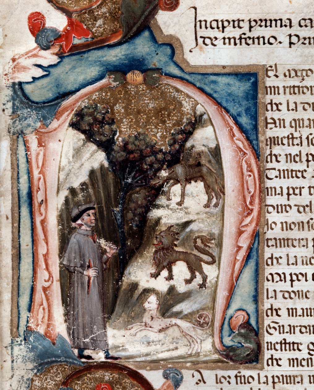 Portræt af den italienske digter Dante Alighieri med udyr - miniature af Unknown artist