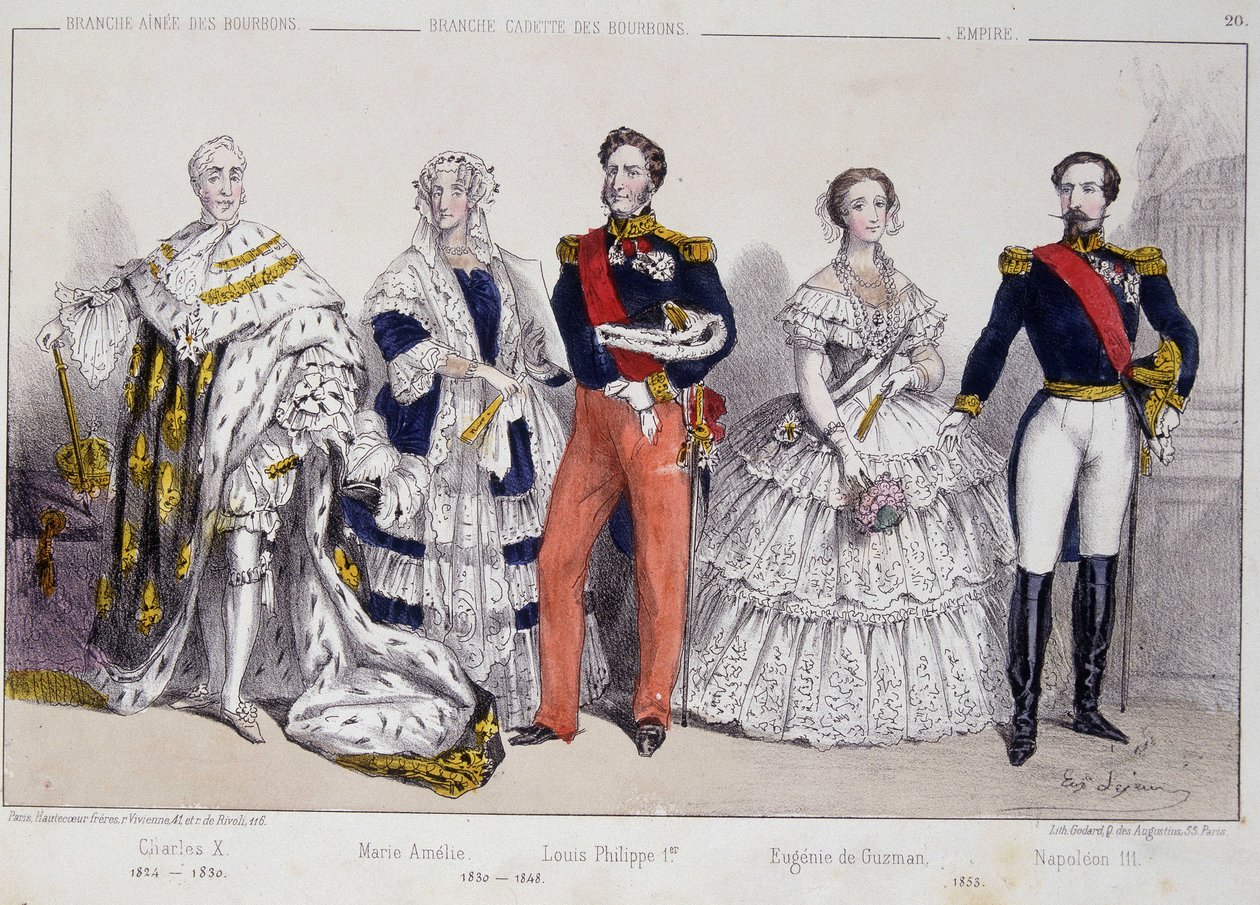 Portræt af Bourbonerne. Fra venstre mod højre: Charles X (1757-1836), Marie Amelie (1782 - 1866), Louis Philippe I (1773-1850), Eugenie de Guzman (1826-1920) og Napoleon III (1808-1873). af Unknown artist