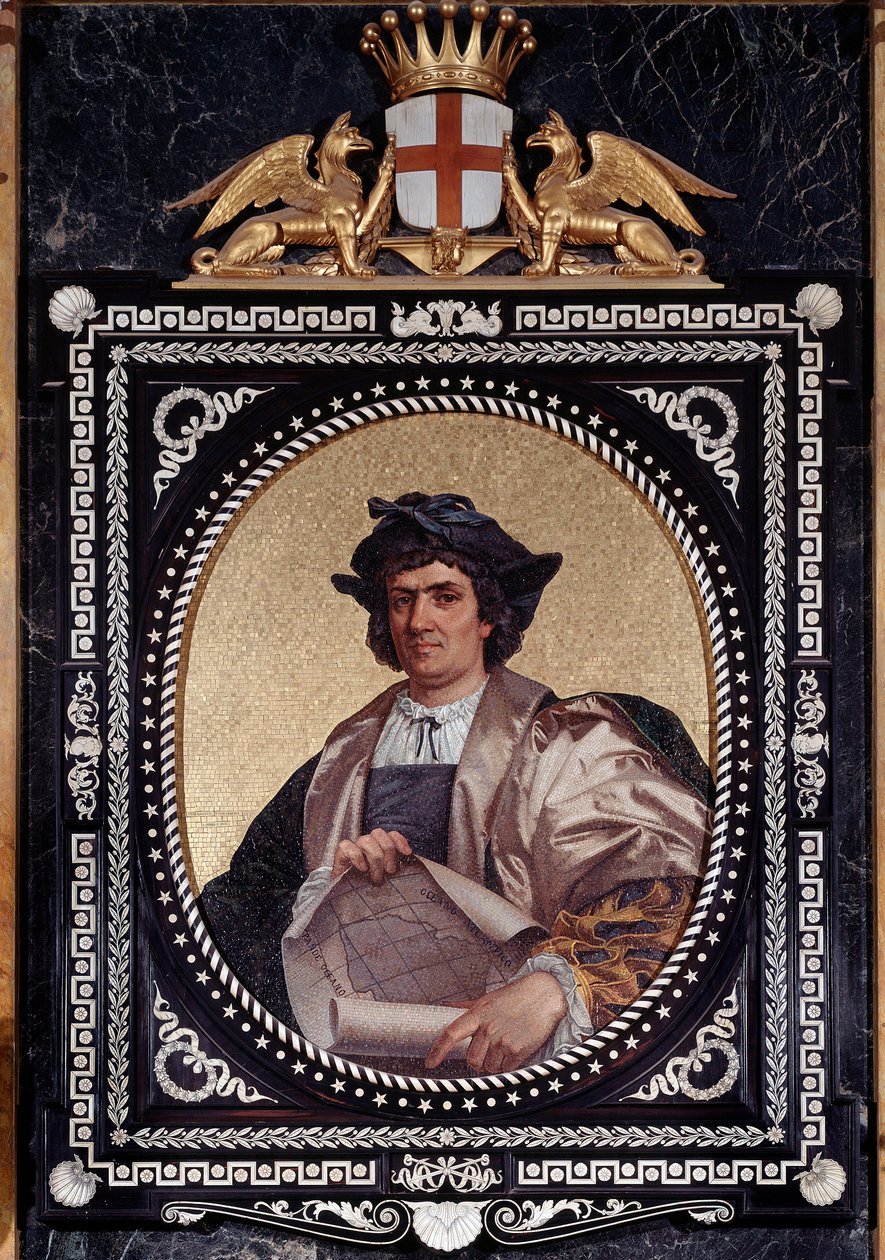 Portræt af den italienske navigatør Christopher Columbus (Christopher Columbus, Cristoforo Colombo, Cristobal Colon) (1451-1506) Mosaique af Unknown artist