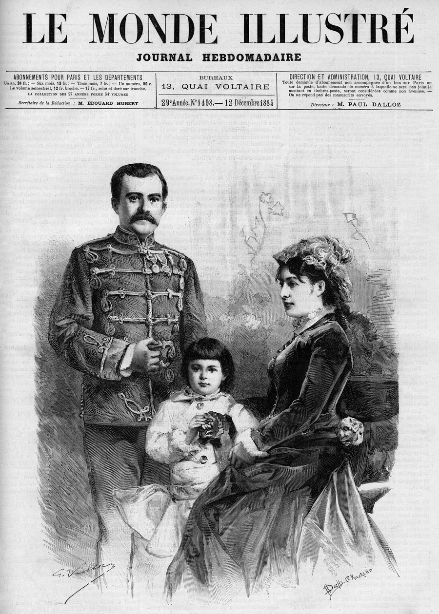 Portræt af kongen af Serbien Milan I (Milan Obrenovich) (1854-1901), det er omgivet af dronning Nathalie og hendes arving til tronprinsen Alexander, i "The Illustrous World 1885"". af Unknown artist