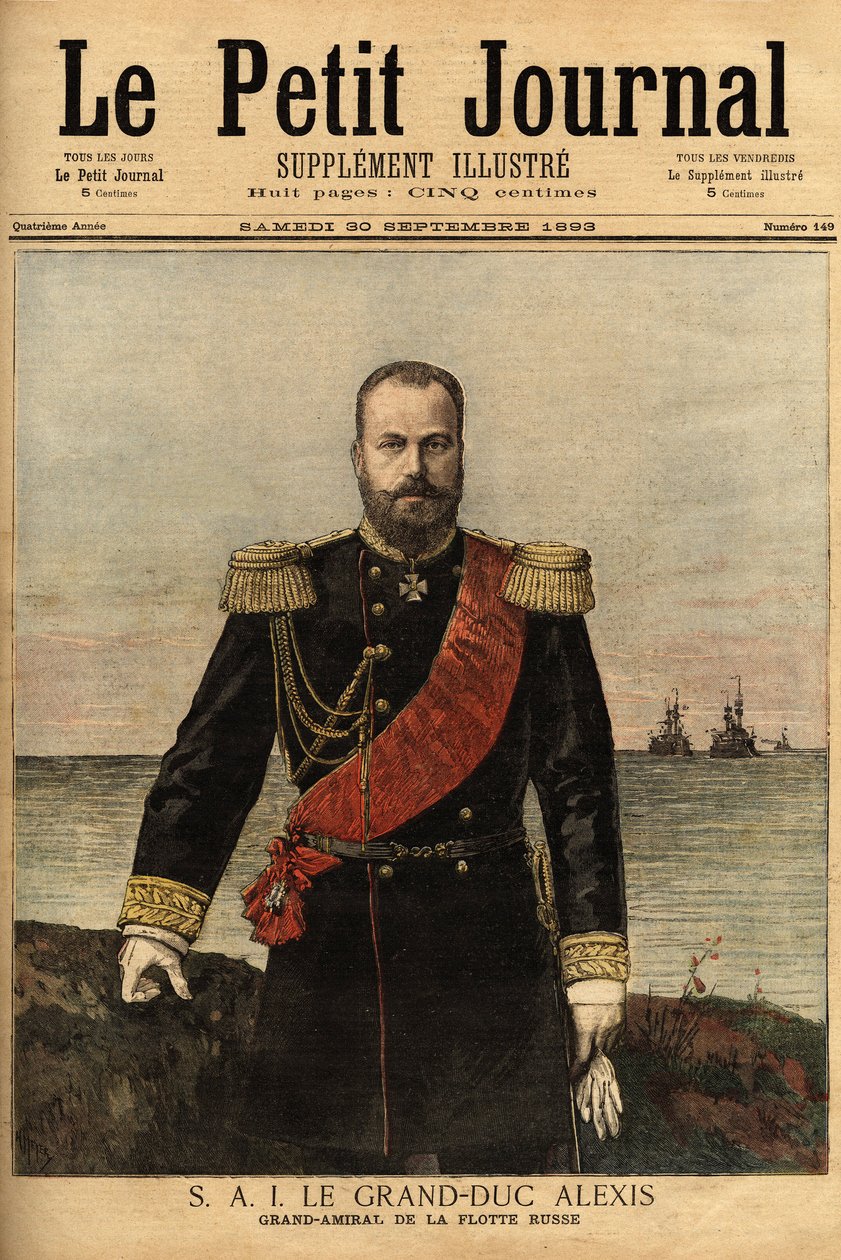 Portræt af den russiske flådes store admiral, allieret med Frankrig, storhertug Alexandrovich Romanov (1850-1908), søn af zar Alexander II (1818-1881). Indgravering i "" Le petit journal"" 30/09/1893. Selvas samling. af Unknown artist