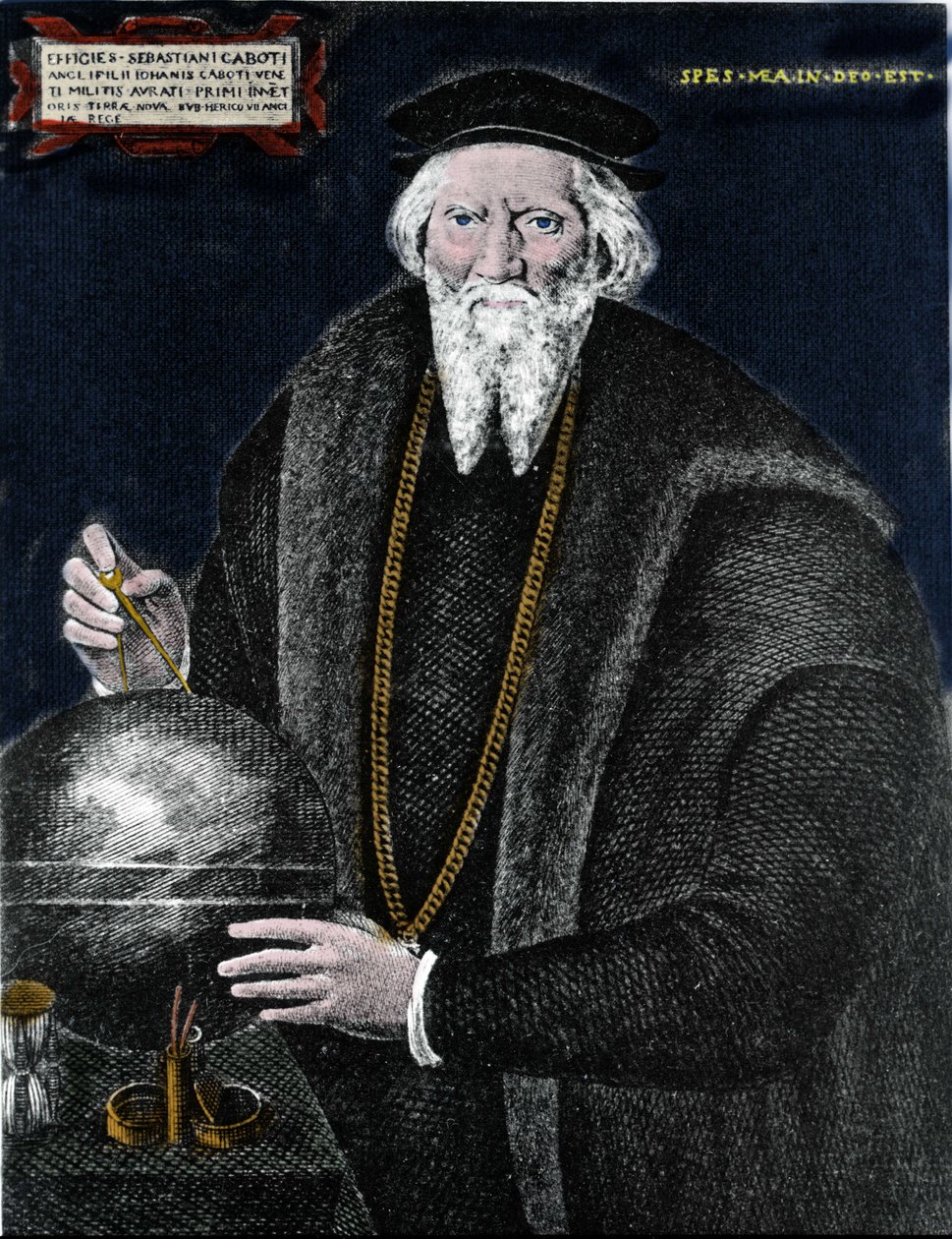 Portræt af navigatøren Sebastiano Caboto (Sebastien Cabot) (1476 - 1557), som sammen med sin far opdagede Labrador og Newfoundland. Gravering. af Unknown artist