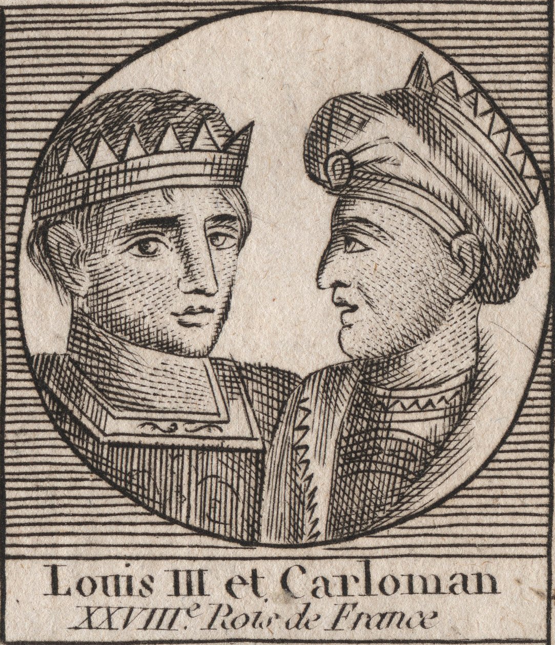 Portrætter af Ludvig III (863/65-882) Frankernes Konge mellem 879 og 882 og Karl II (866-884), Frankernes Konge fra 879 til Frankrig - gravering fra “Instruction on History d af Unknown artist