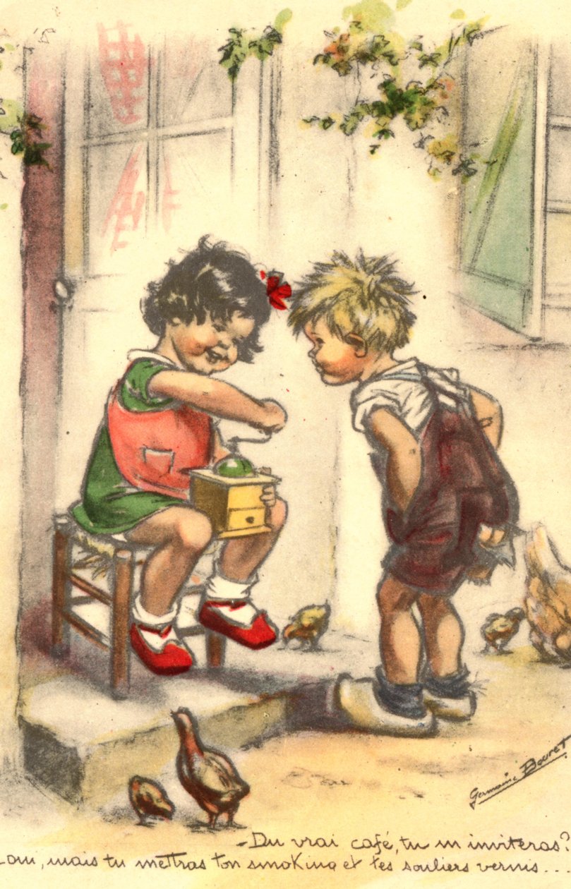 Postkort, Kitsch, to børn med kaffekværn, pige og dreng af Unknown artist