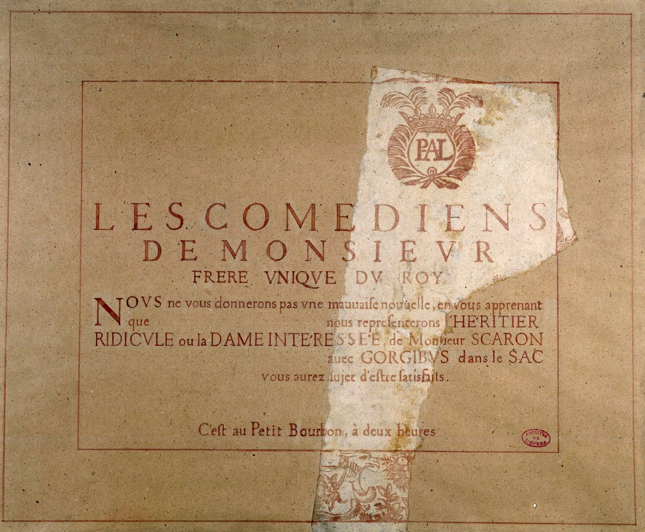 Plakat af teaterkompagniet "Les comediens de Monsieur", der annoncerer opførelsen af Paul Scarrons "L