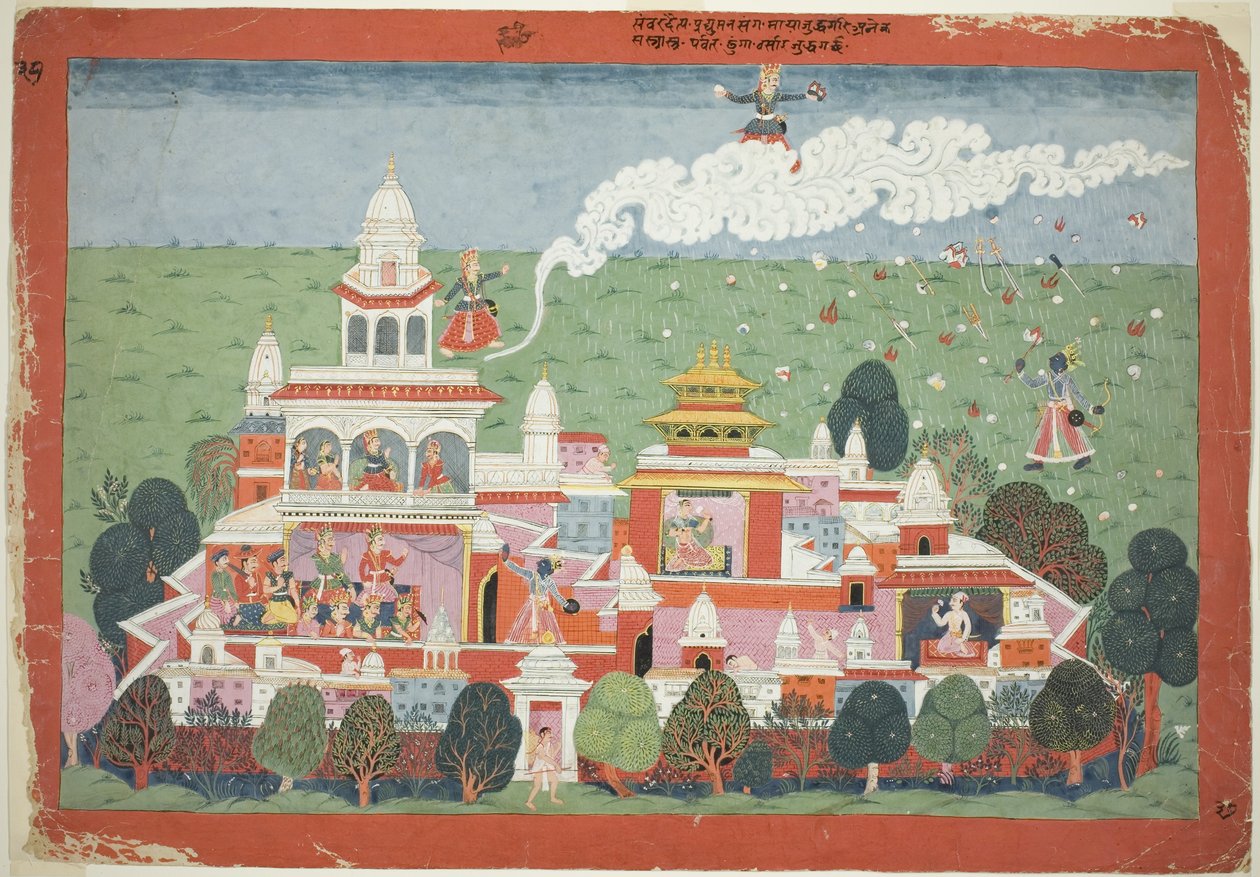 Pradyumna går ind i dæmonen Sambars palads og udfordrer ham til kamp, side fra et spredt Bhagavata Purana-manuskript af Unknown artist